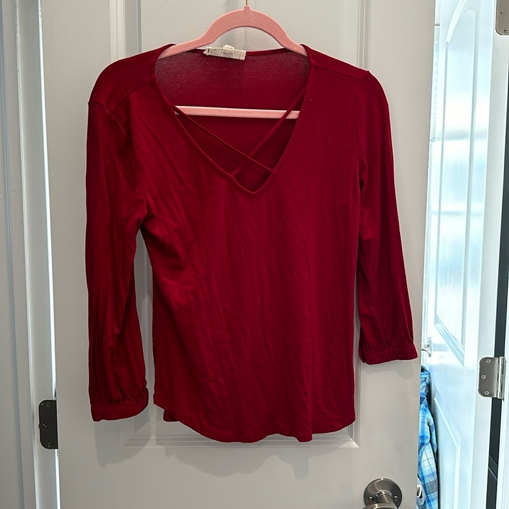 3/4 sleeve v-neck shirt -deep red color